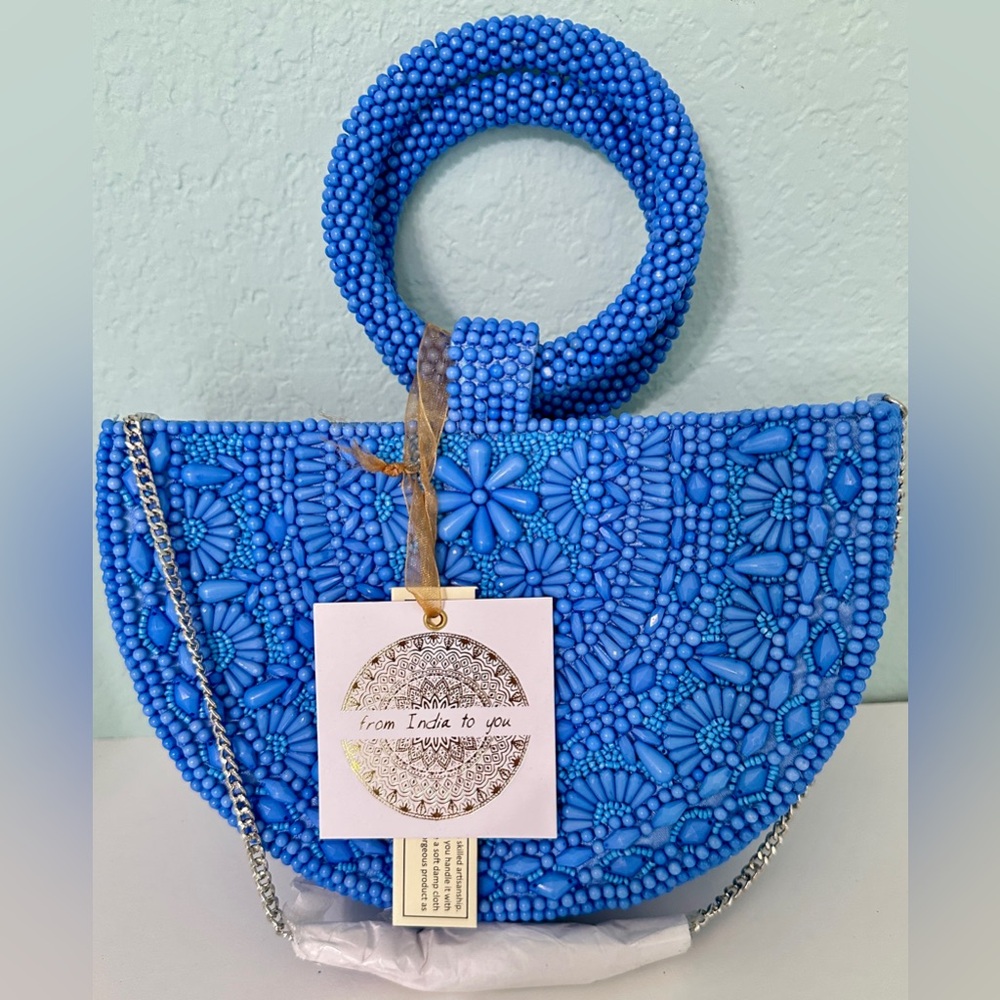 Vibrant Blue Beaded Clutch with Chain Strap